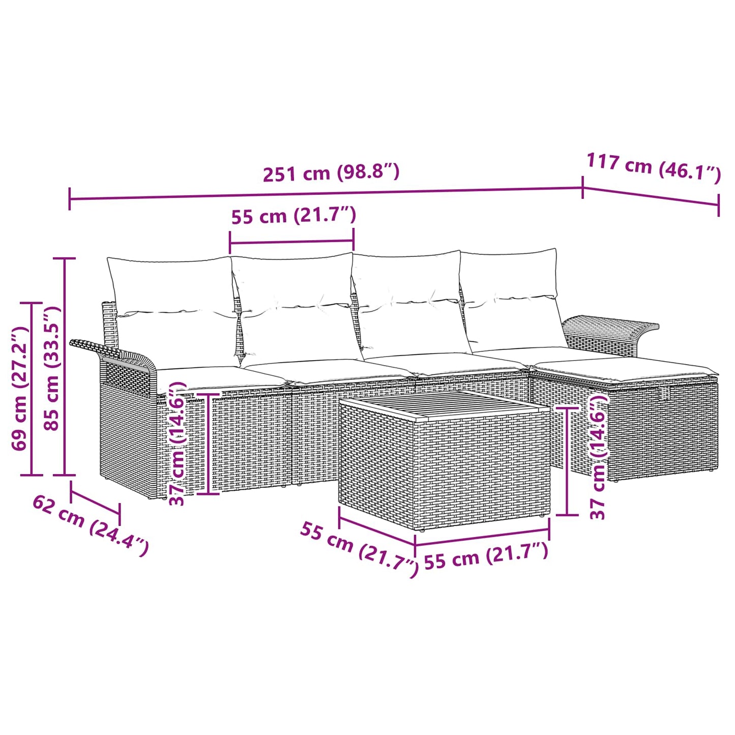 Set Divano da Giardino 6 pz Nero polyrattan