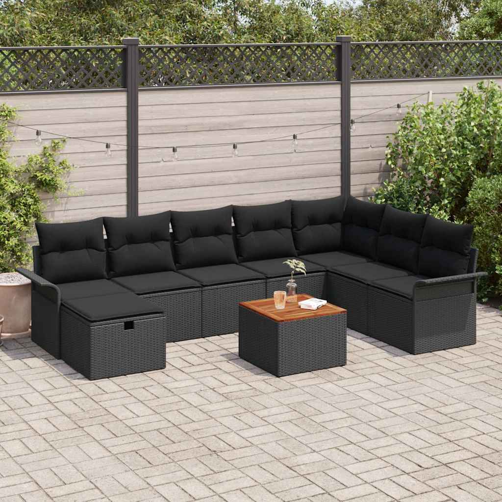 Set Divano da Giardino con cuscino 9 pcs Nero polyrattan | homemem39