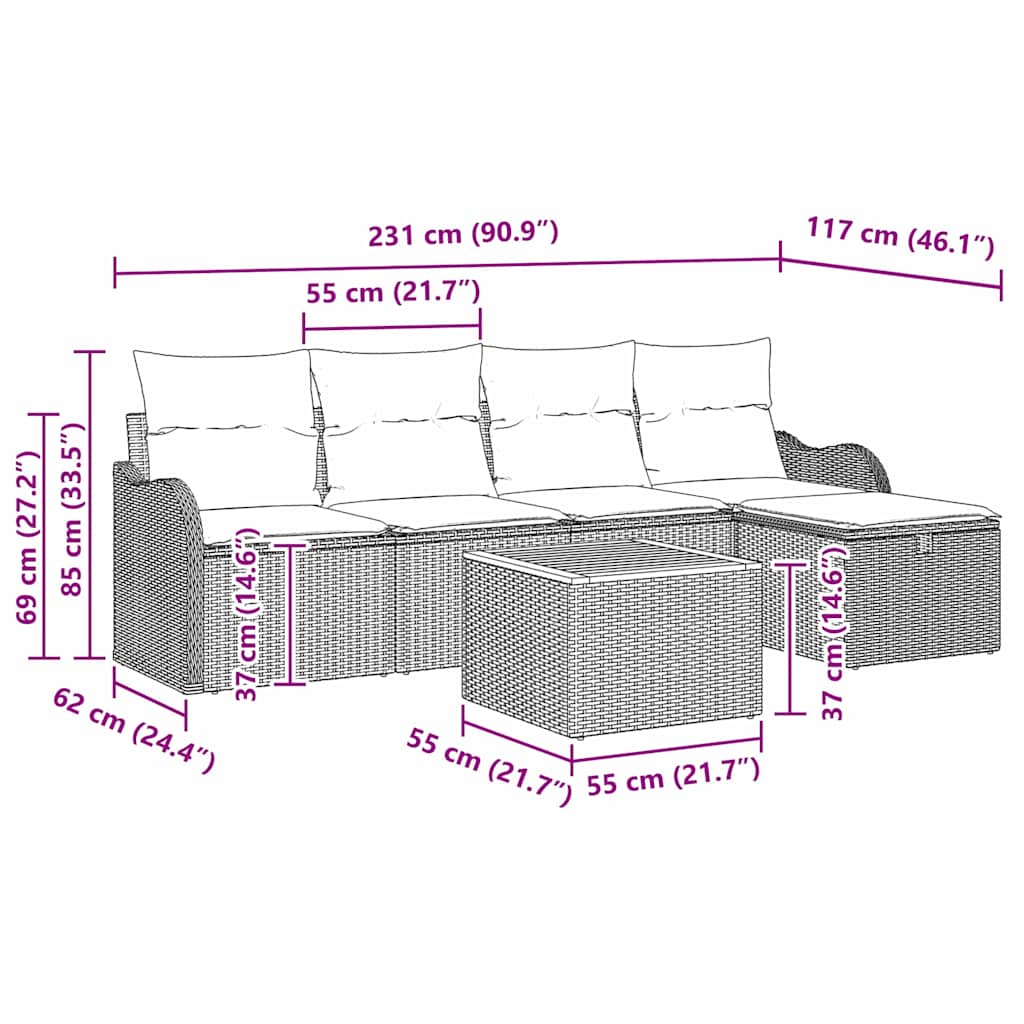 Set Divano da Giardino con cuscino 6 pcs Nero polyrattan | homemem39