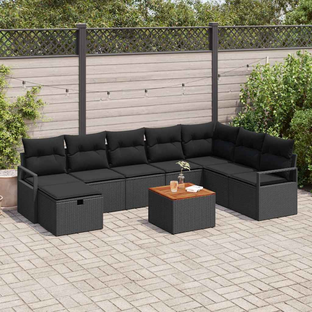 Set Divano da Giardino con cuscino 9 pcs Nero polyrattan