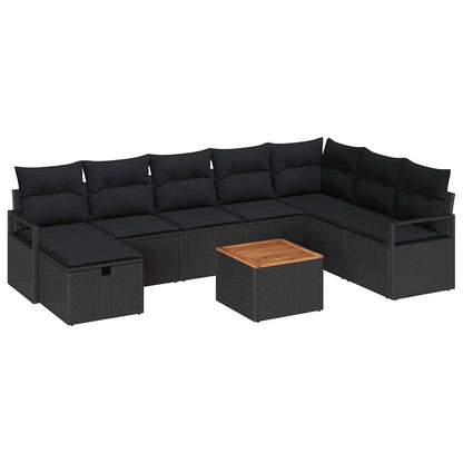 Set Divano da Giardino con cuscino 9 pcs Nero polyrattan