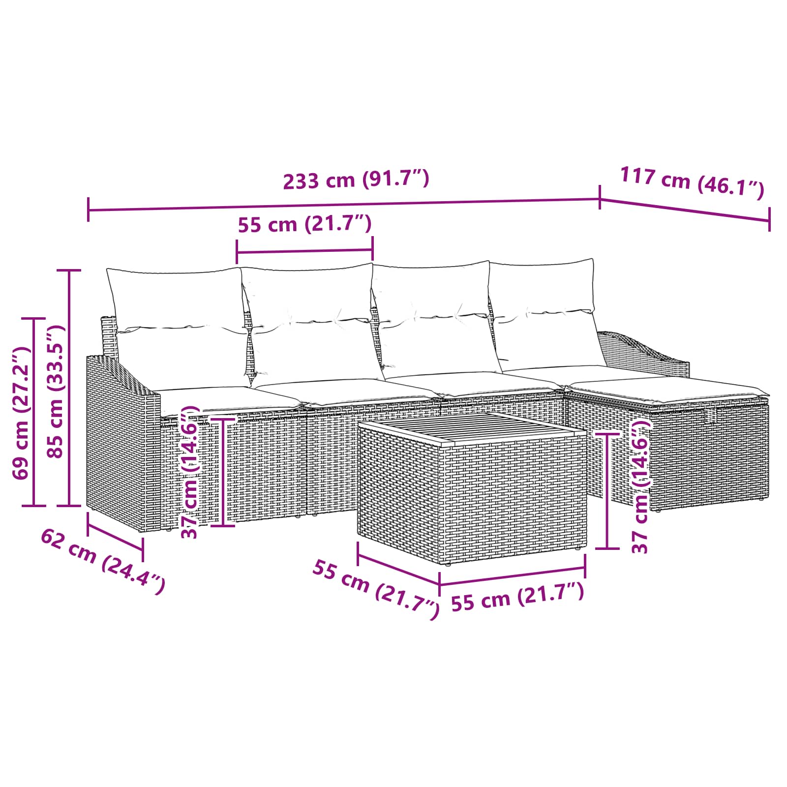 Set Divano da Giardino con cuscino 6 pcs Nero polyrattan | homemem39