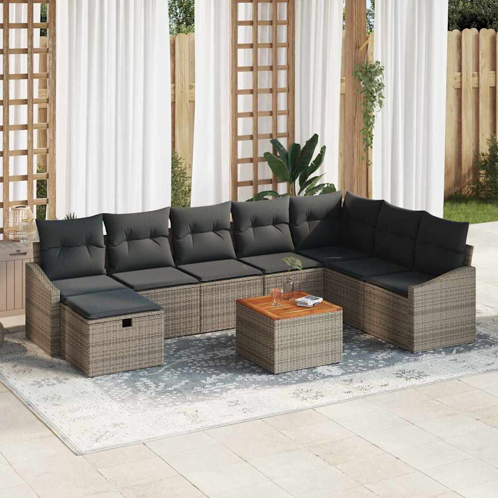 Set Divano da Giardino con cuscino 9 pcs Grigio Poly Rattan
