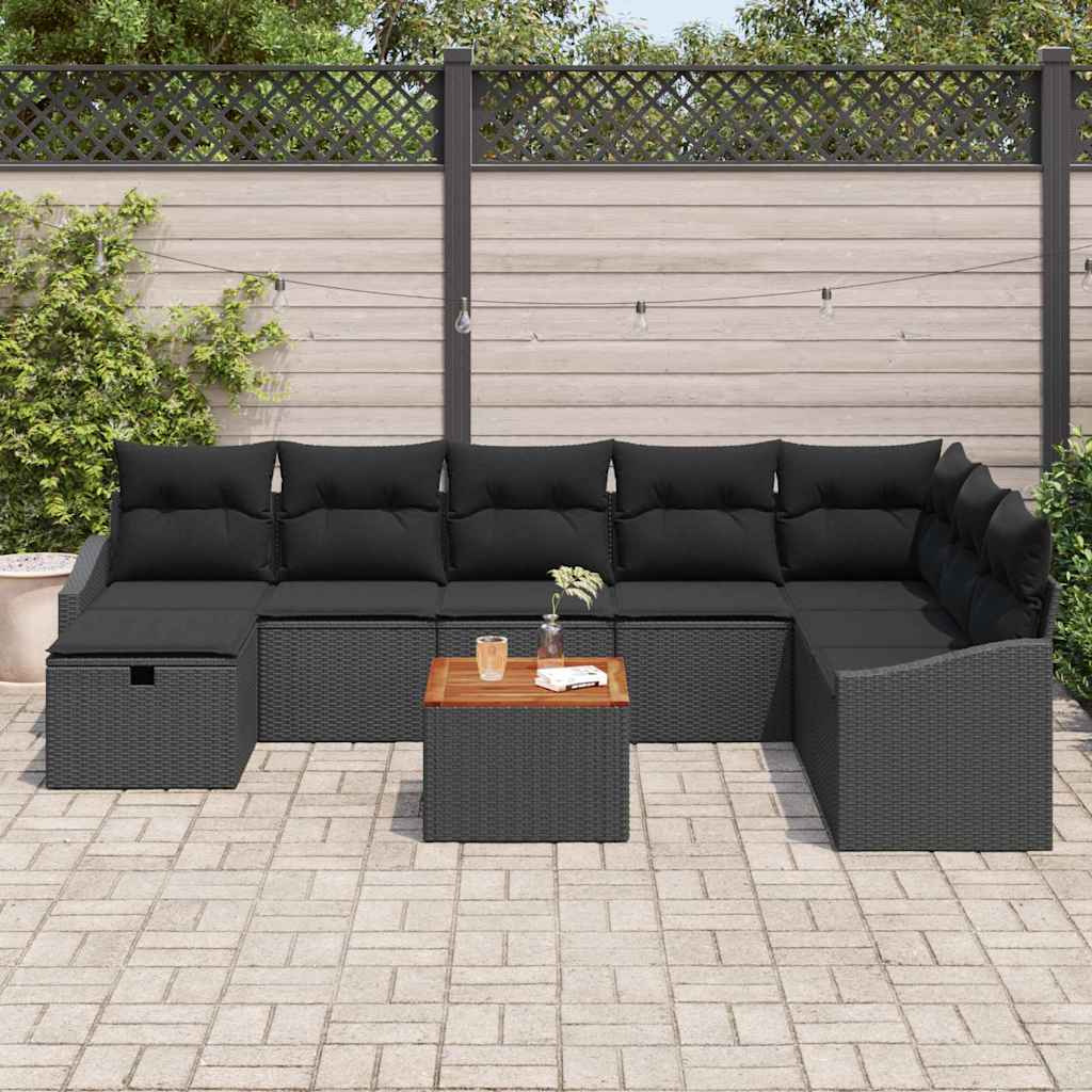 Set Divano da Giardino con cuscino 9 pcs Nero polyrattan | homemem39