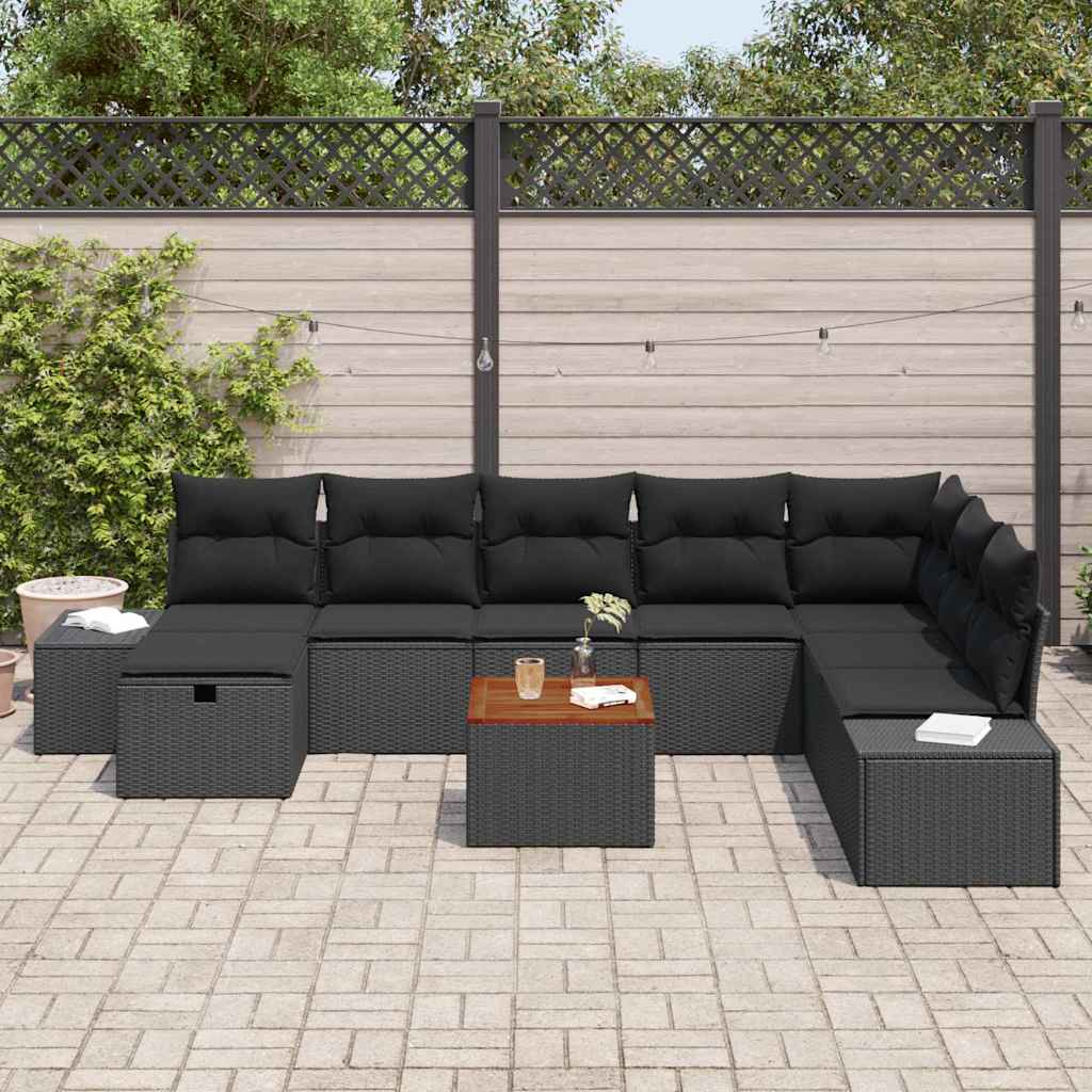 Set Divano da Giardino con cuscino 9 pcs Nero polyrattan