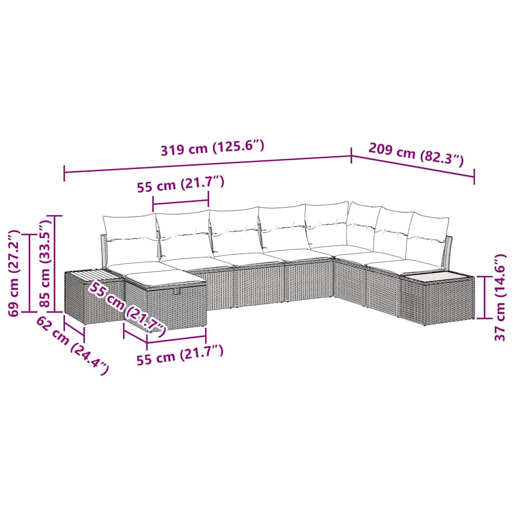 Set Divano da Giardino 9 pz Beige polyrattan