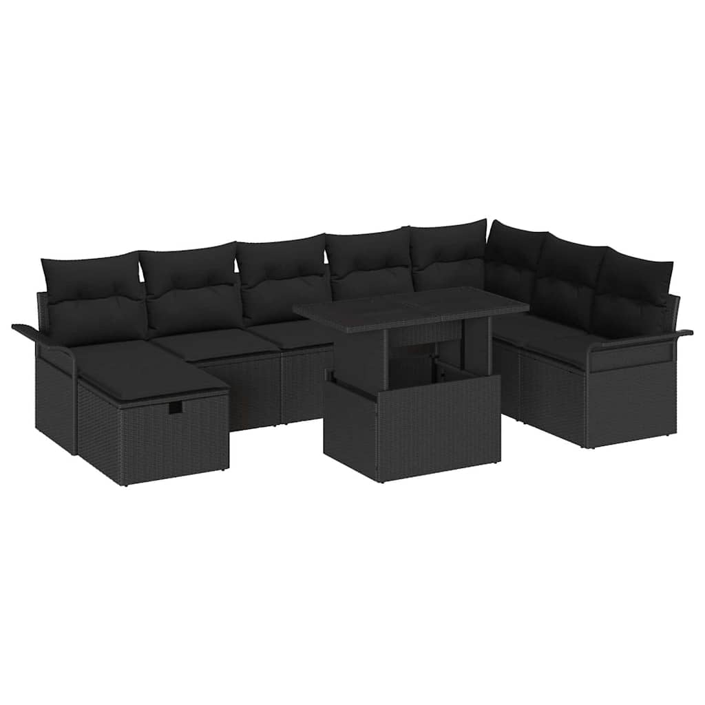 Set Divano da Giardino con cuscino 9 pcs Nero Poly Rattan | homemem39