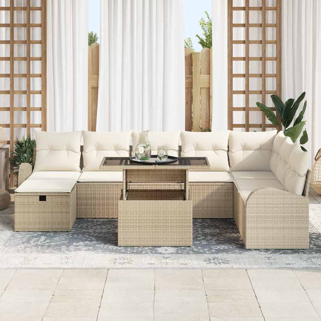 Set Divano da Giardino con cuscino 9 pcs Beige Poly Rattan | homemem39