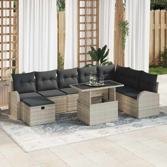 Set Divano da Giardino 9 pcs Grigio chiaro Poly Rattan
