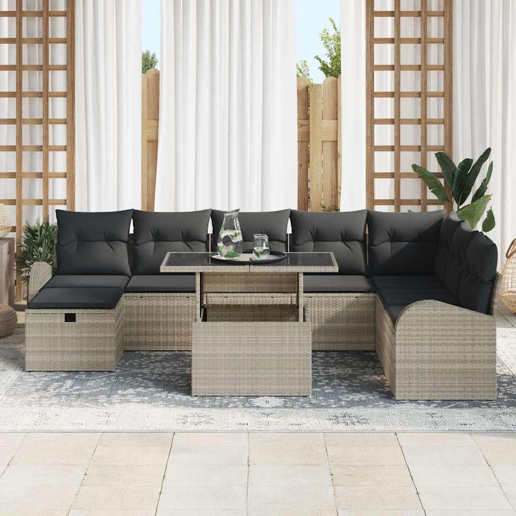 Set Divano da Giardino 9 pcs Grigio chiaro Poly Rattan