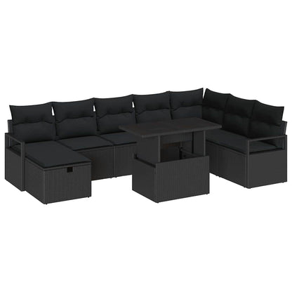 Set Divano da Giardino con cuscino 9 pcs Nero Poly Rattan | homemem39