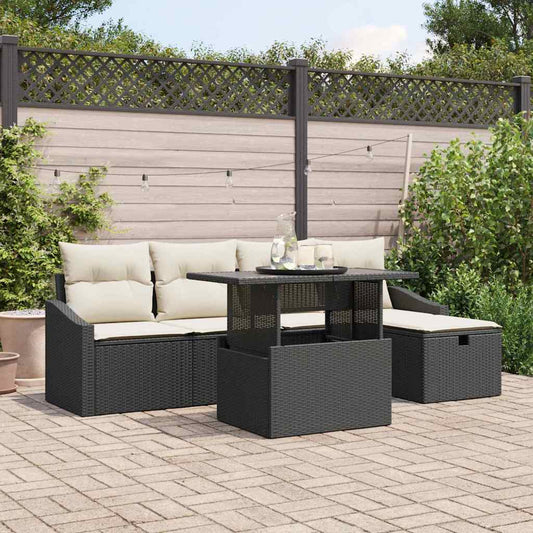 Set Divano da Giardino con cuscino 6 pcs Nero Poly Rattan