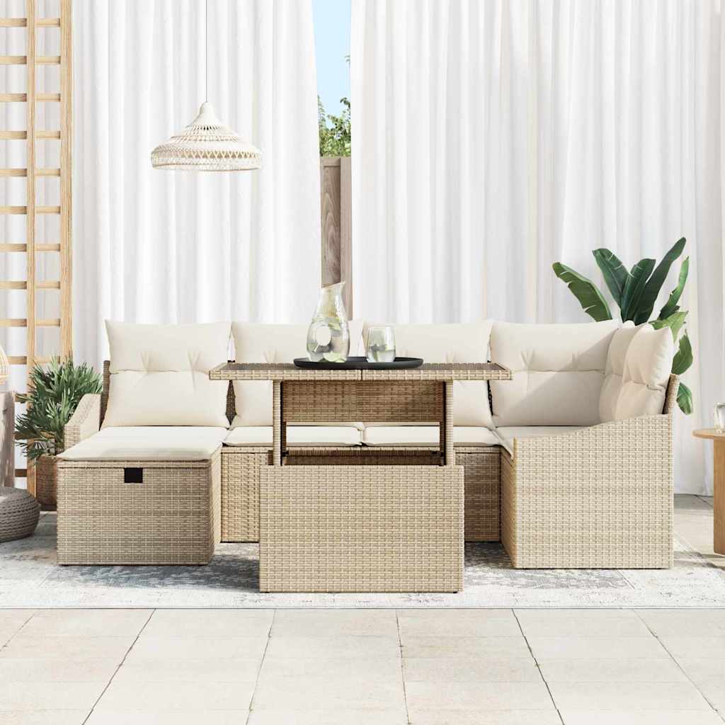 Set Divano da Giardino con cuscino 7 pcs Beige Poly Rattan
