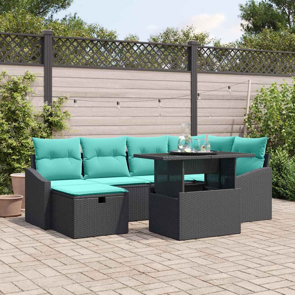 Set Divano da Giardino con cuscino 7 pcs Nero Poly Rattan | homemem39