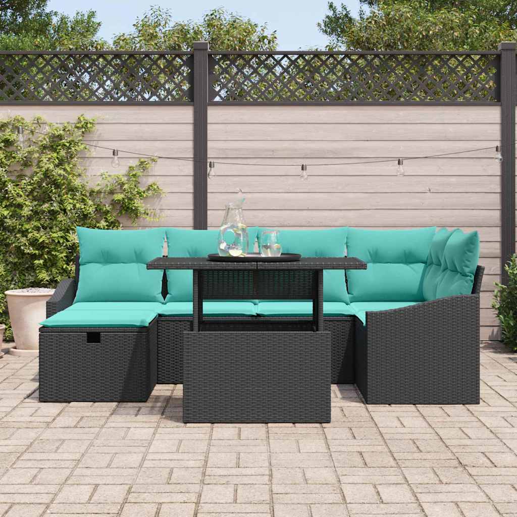Set Divano da Giardino con cuscino 7 pcs Nero Poly Rattan | homemem39