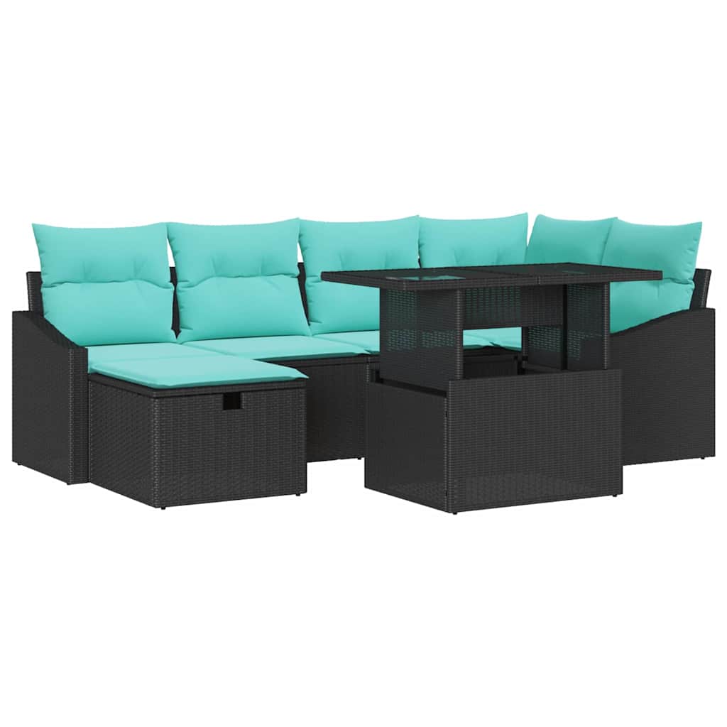 Set Divano da Giardino con cuscino 7 pcs Nero Poly Rattan | homemem39