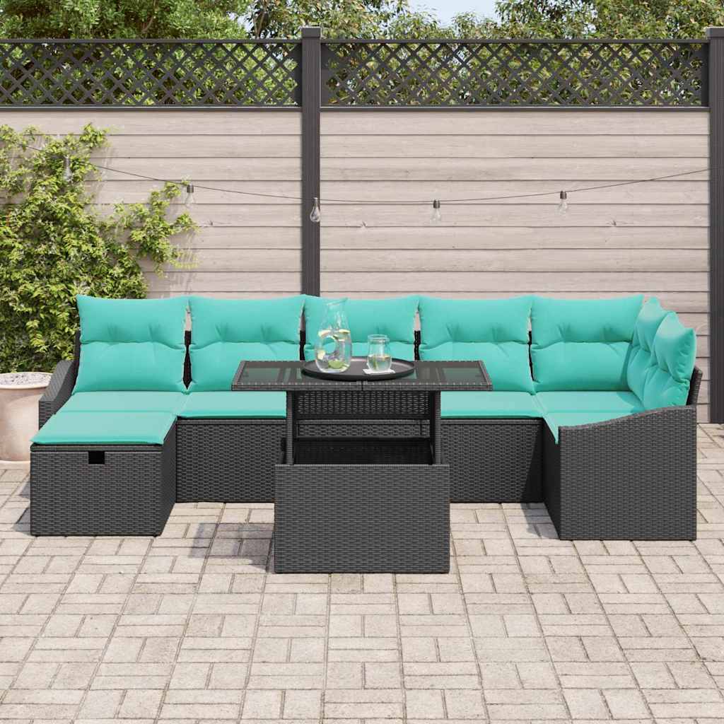 Set Divano da Giardino con cuscino 8 pcs Nero Poly Rattan | homemem39