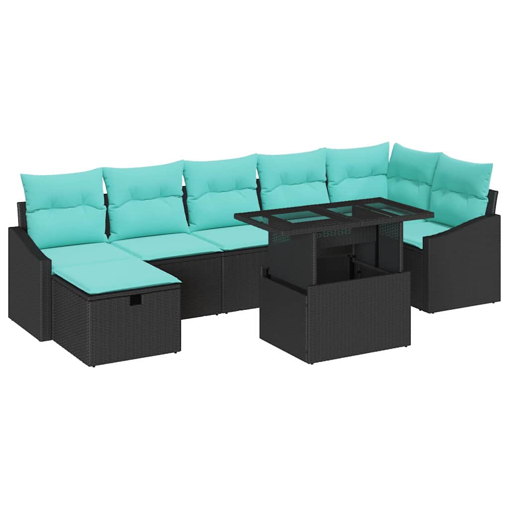 Set Divano da Giardino con cuscino 8 pcs Nero Poly Rattan | homemem39