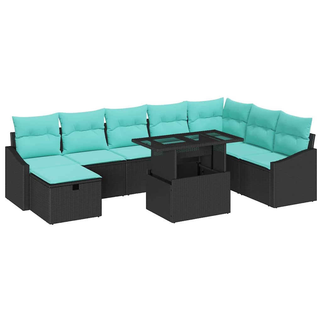 Set Divano da Giardino con cuscino 9 pcs Nero Poly Rattan | homemem39