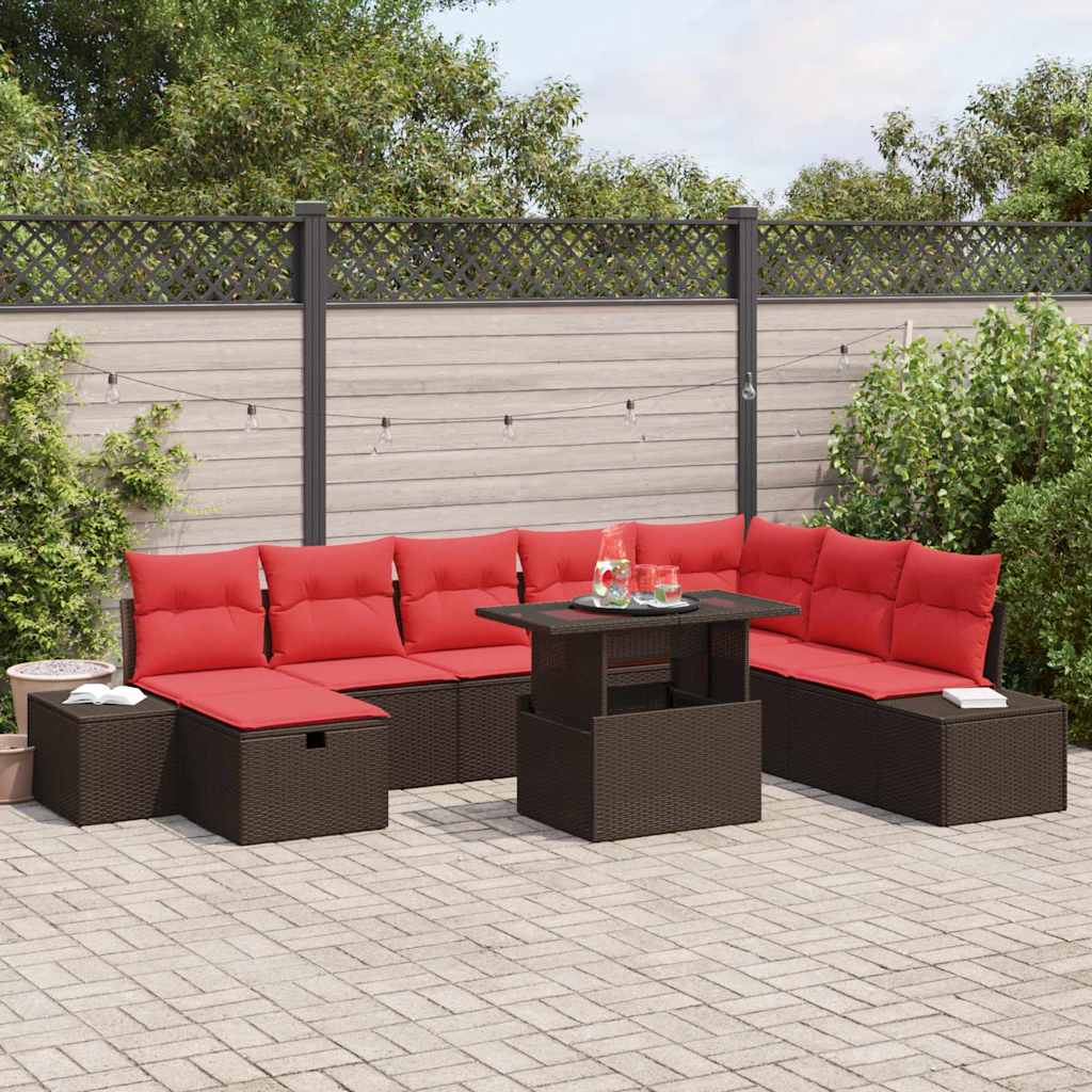Set Divano da Giardino con cuscino 9 pcs Marrone Poly Rattan