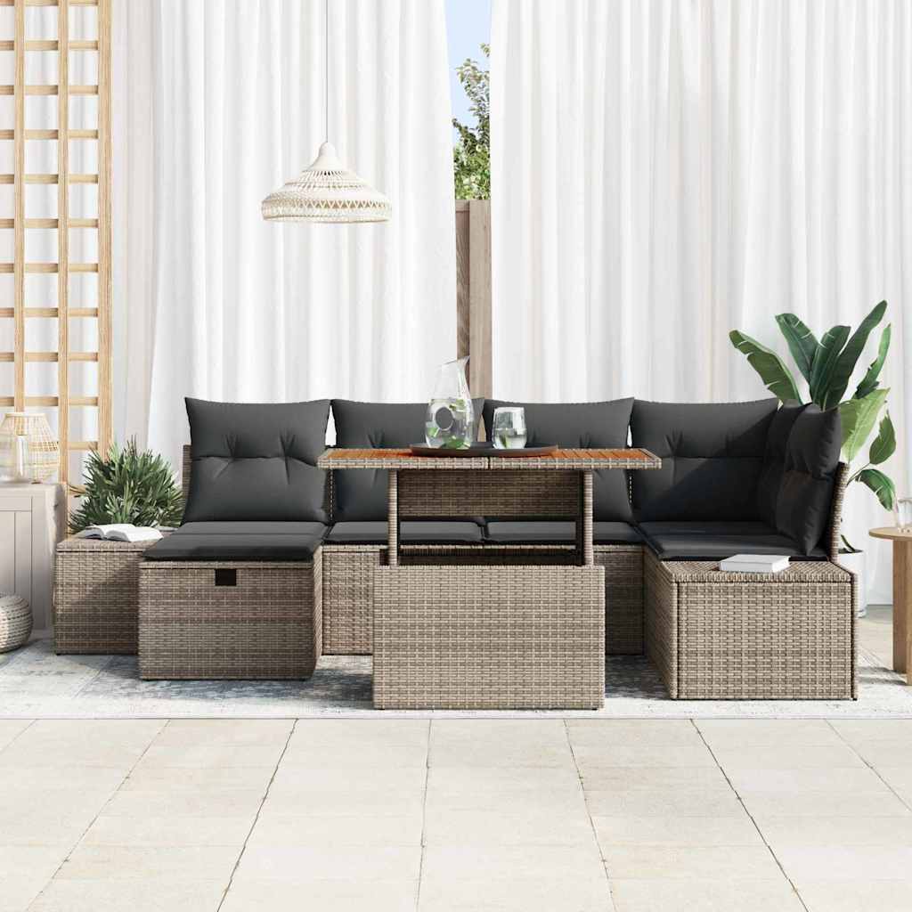 Set Divano da Giardino con cuscino 7 pcs Grigio Poly Rattan