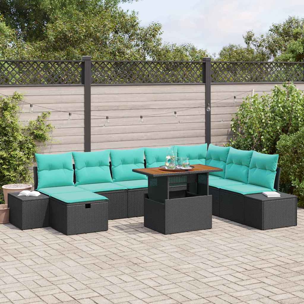 Set Divano da Giardino 9 pz Nero polyrattan