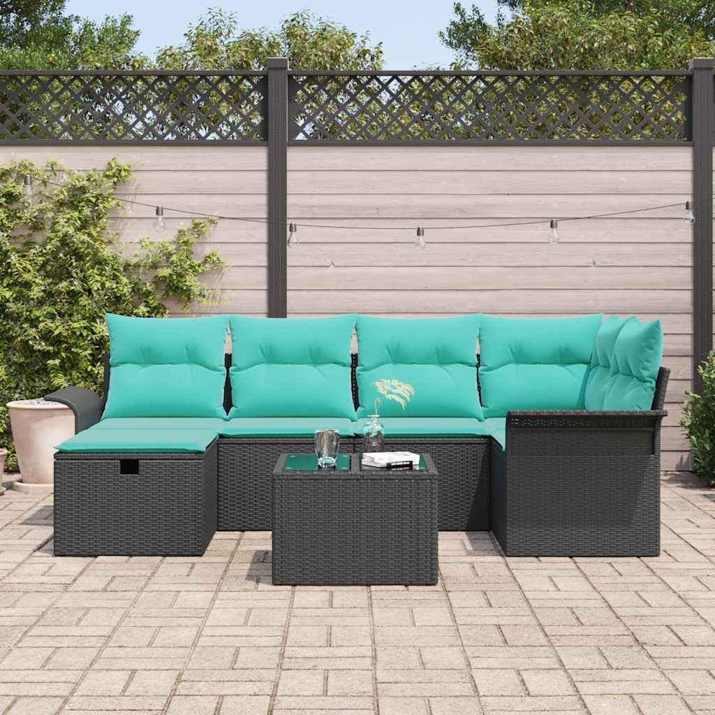 Set Divano da Giardino con cuscino 7 pcs Nero Poly Rattan
