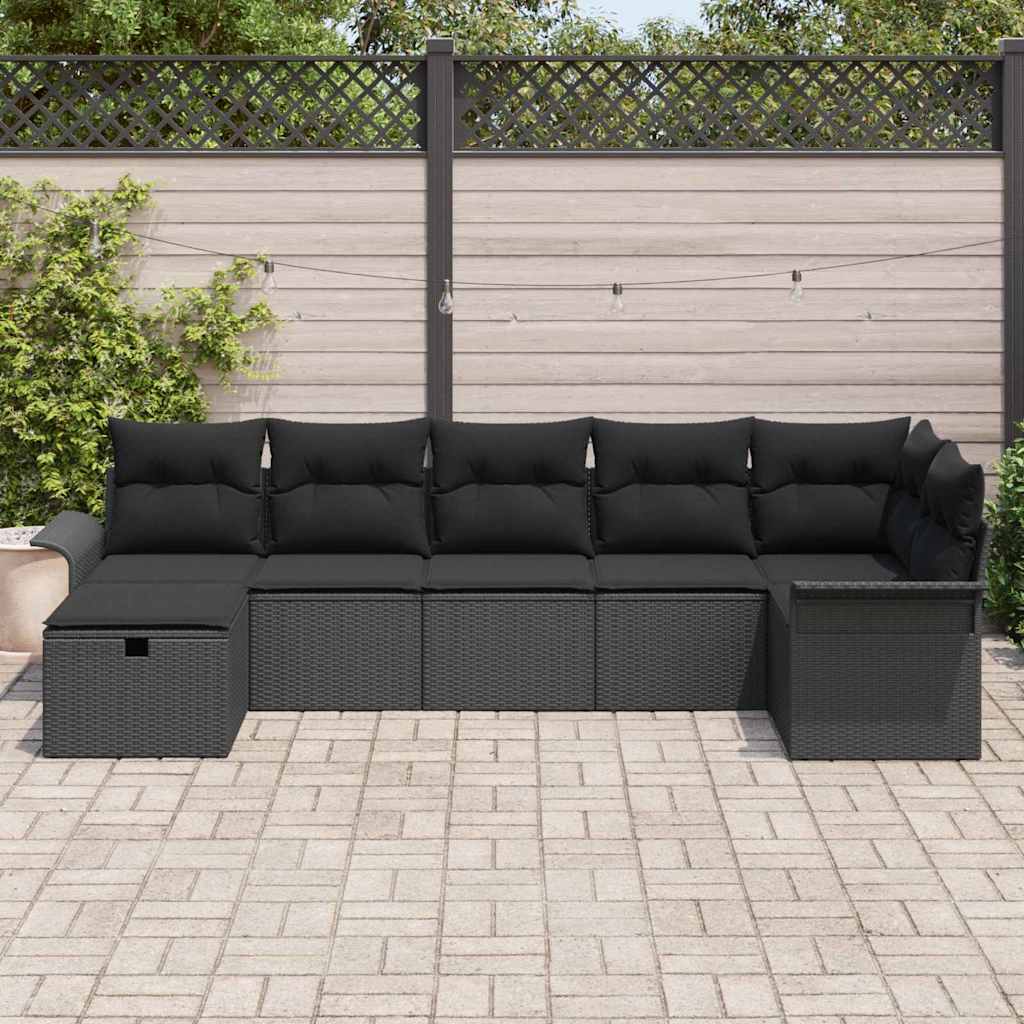 Set Divano da Giardino con cuscino 7 pcs Nero Poly Rattan | homemem39