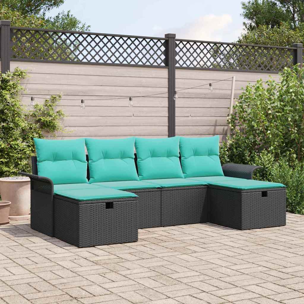 Set Divano da Giardino con cuscino 6 pcs Nero Poly Rattan | homemem39