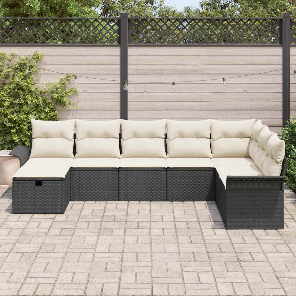 Set Divano da Giardino con cuscino 8 pcs Nero Poly Rattan