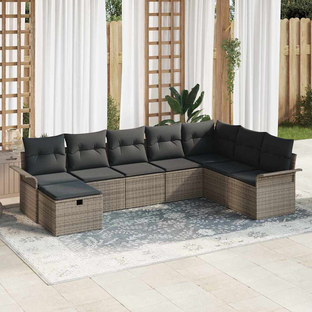 Set Divano da Giardino con cuscino 8 pcs Grigio Poly Rattan