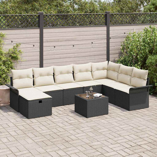 Set Divano da Giardino con cuscino 9 pcs Nero Poly Rattan