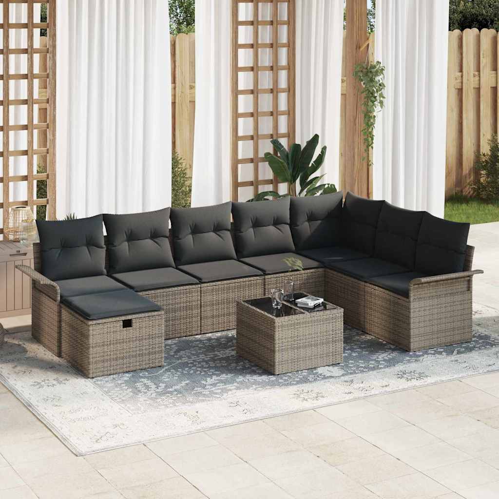 Set Divano da Giardino con cuscino 9 pcs Grigio Poly Rattan