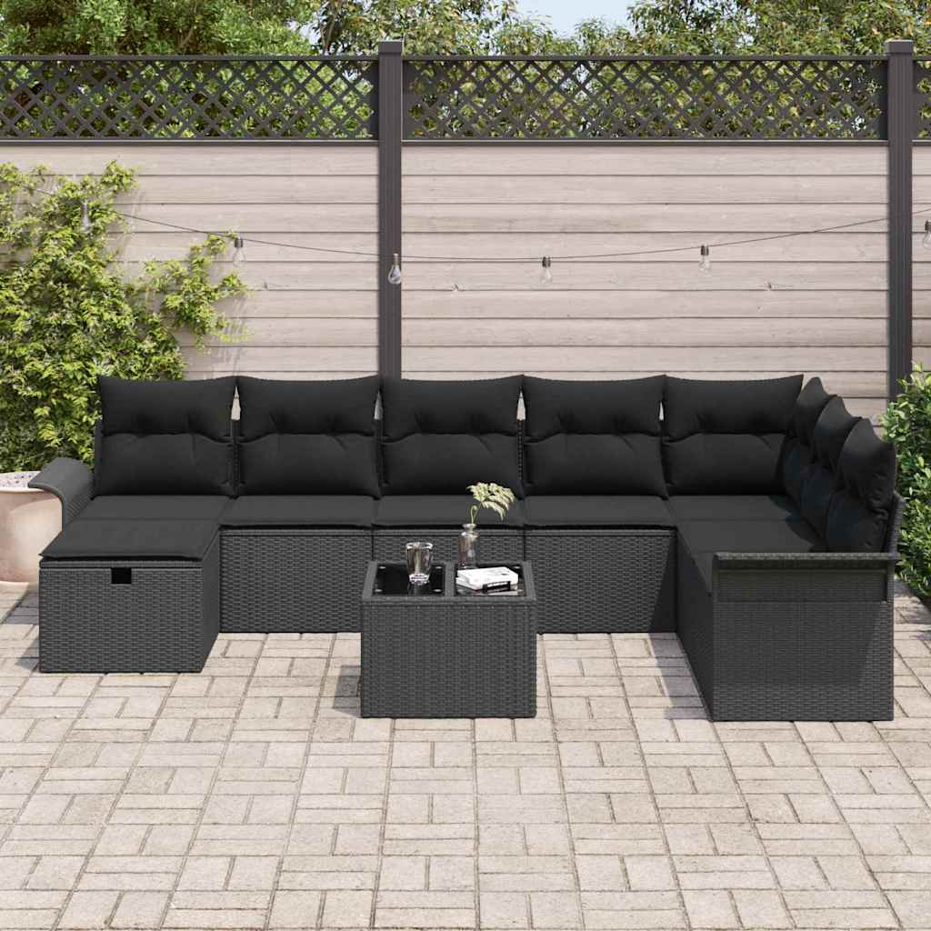 Set Divano da Giardino con cuscino 9 pcs Nero Poly Rattan | homemem39