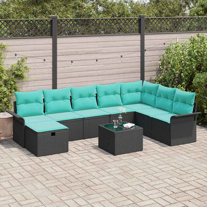 Set Divano da Giardino con cuscino 9 pcs Nero Poly Rattan