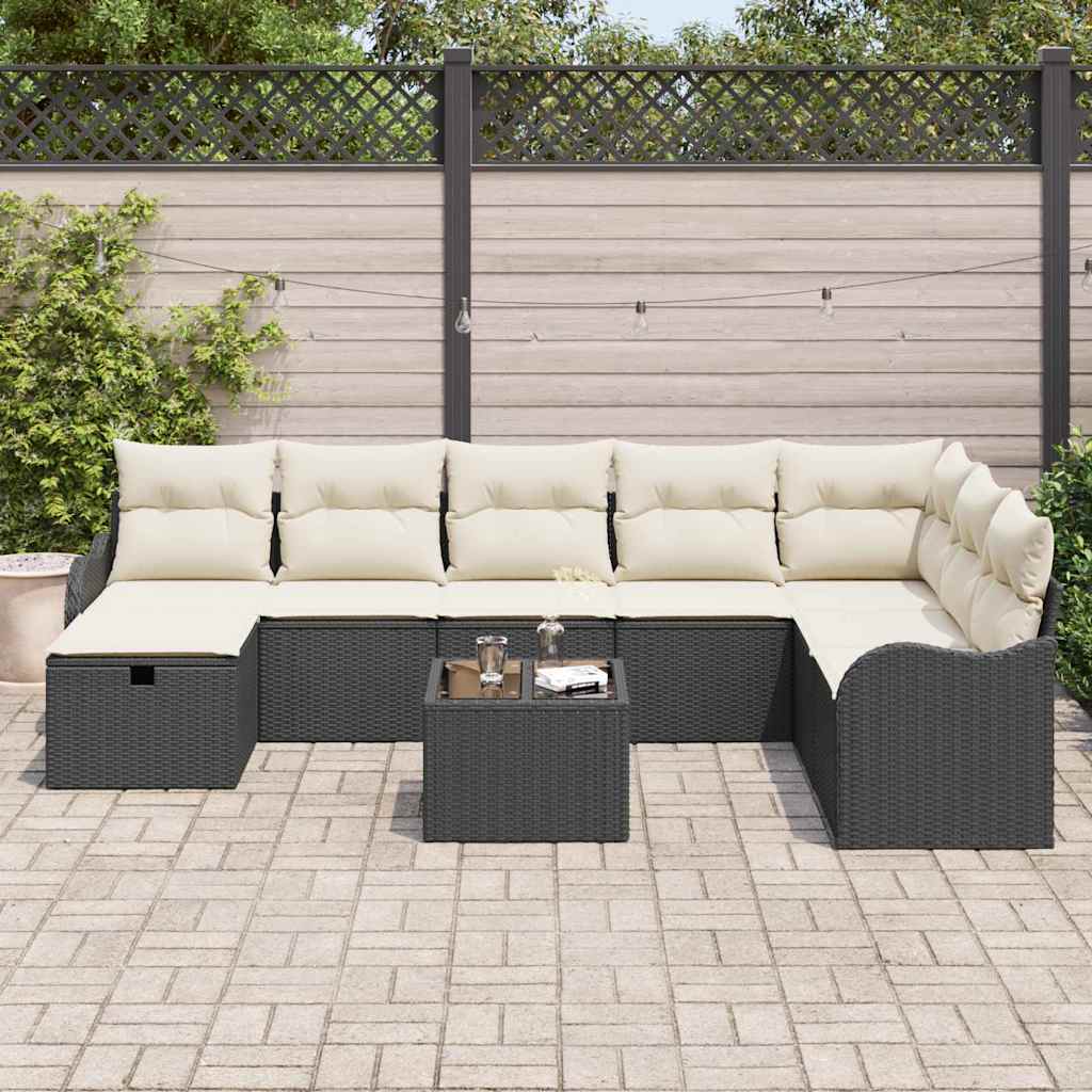 Set Divano da Giardino con cuscino 9 pcs Nero Poly Rattan - homemem39