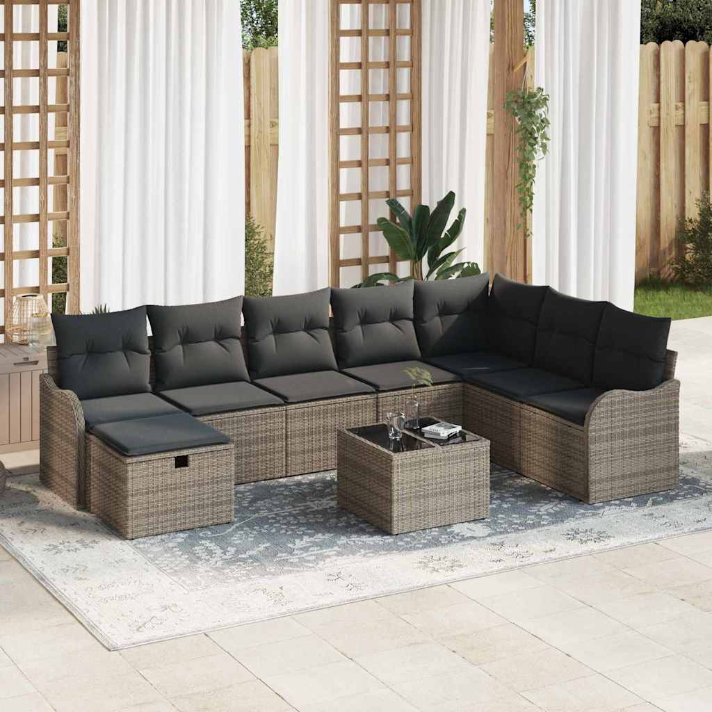 Set Divano da Giardino con cuscino 9 pcs Grigio Poly Rattan