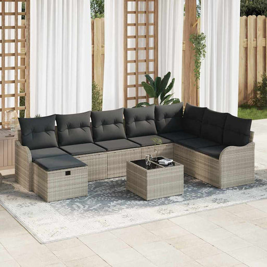 Set Divano da Giardino 9 pcs Grigio chiaro Poly Rattan