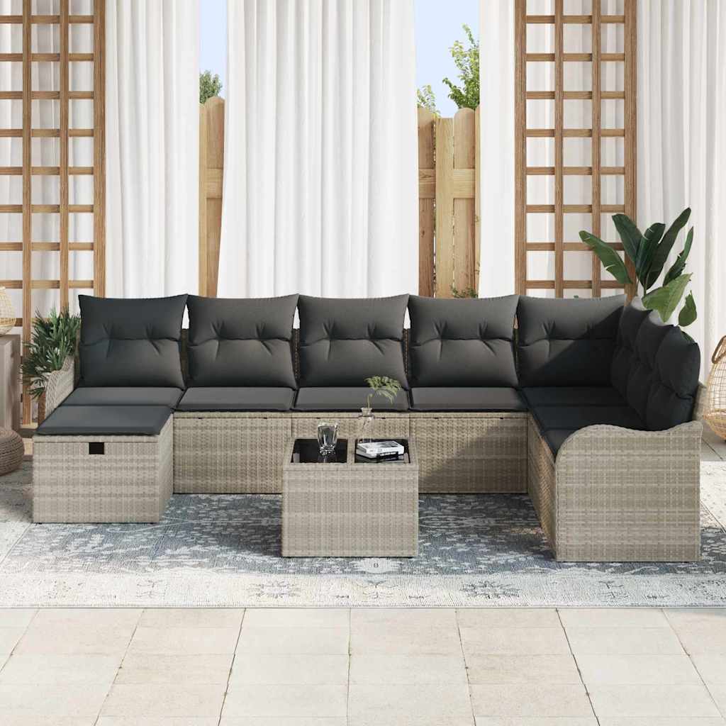 Set Divano da Giardino 9 pcs Grigio chiaro Poly Rattan