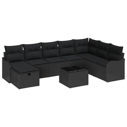 Set Divano da Giardino con cuscino 9 pcs Nero Poly Rattan | homemem39