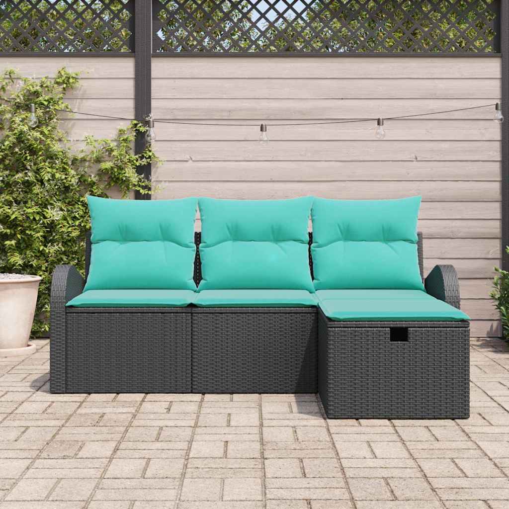 Set Divano da Giardino con cuscino 4 pcs Nero polyrattan | homemem39