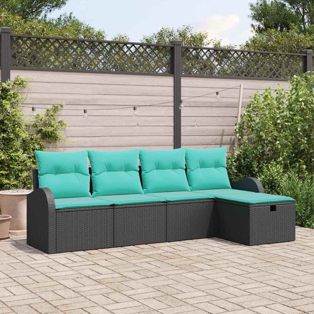 Set Divano da Giardino con cuscino 5 pcs Nero Poly Rattan | homemem39