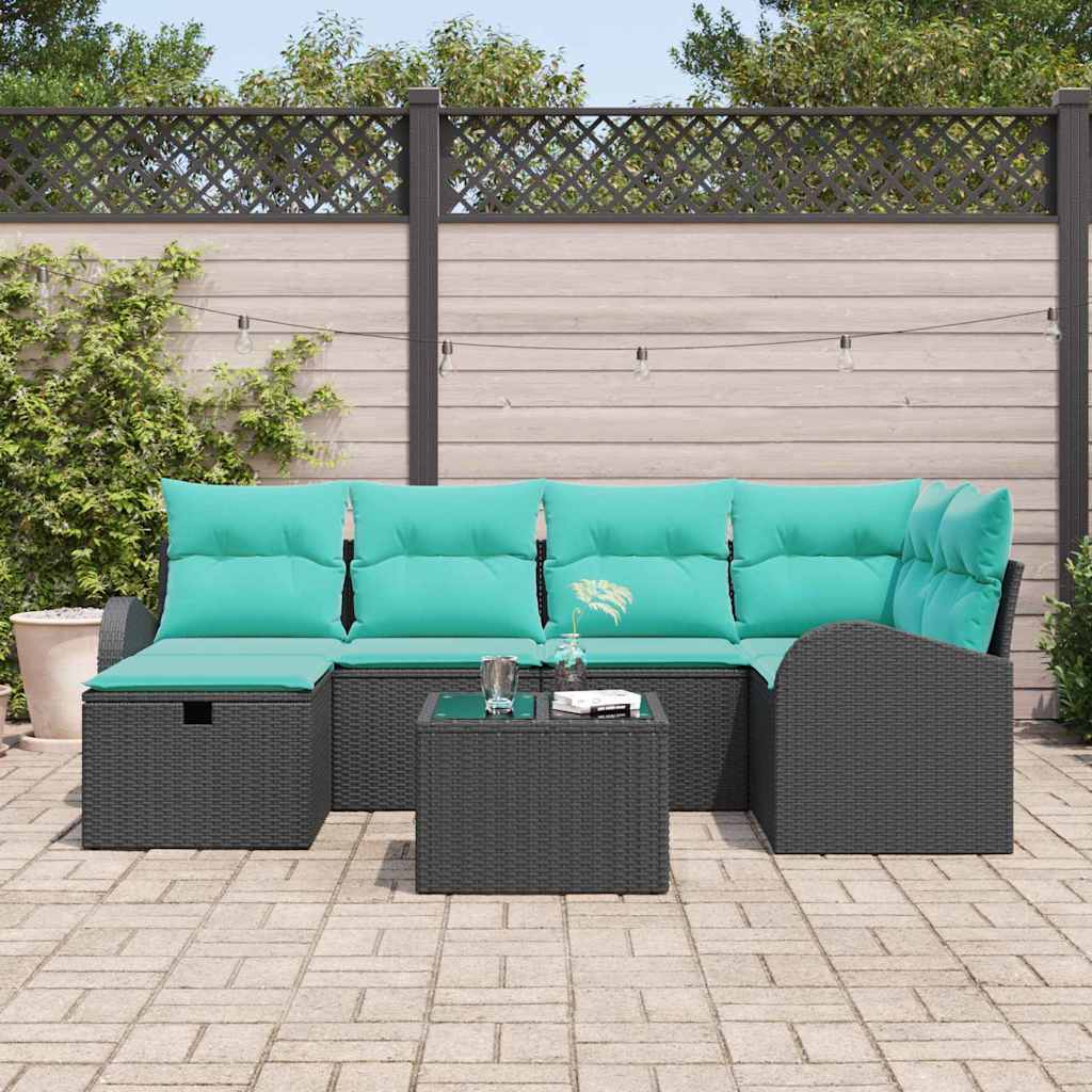 Set Divano da Giardino con cuscino 7 pcs Nero Poly Rattan | homemem39