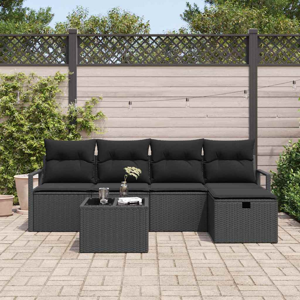 Set Divano da Giardino con cuscino 6 pcs Nero Poly Rattan | homemem39