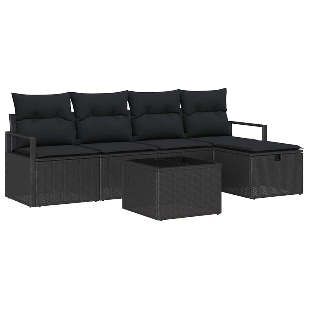Set Divano da Giardino con cuscino 6 pcs Nero Poly Rattan | homemem39