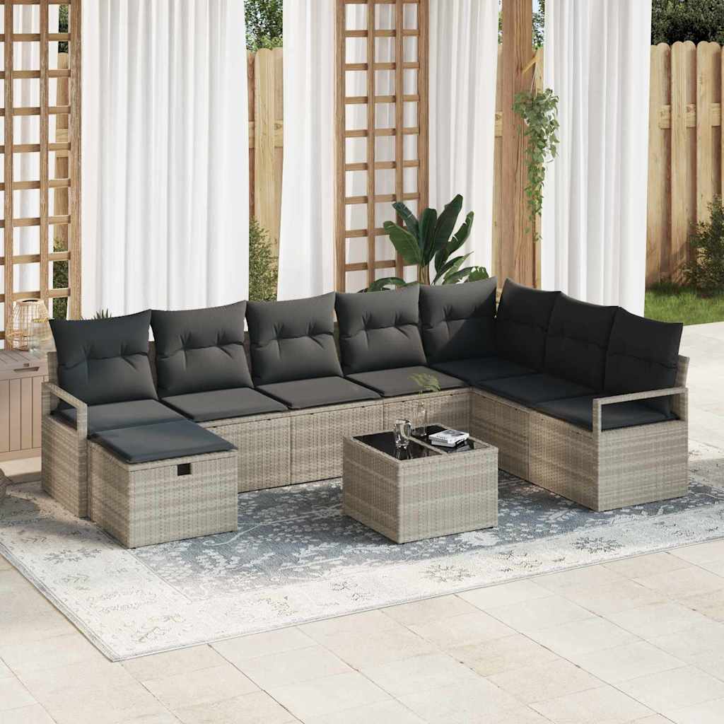 Set Divano da Giardino 9 pcs Grigio chiaro Poly Rattan - homemem39