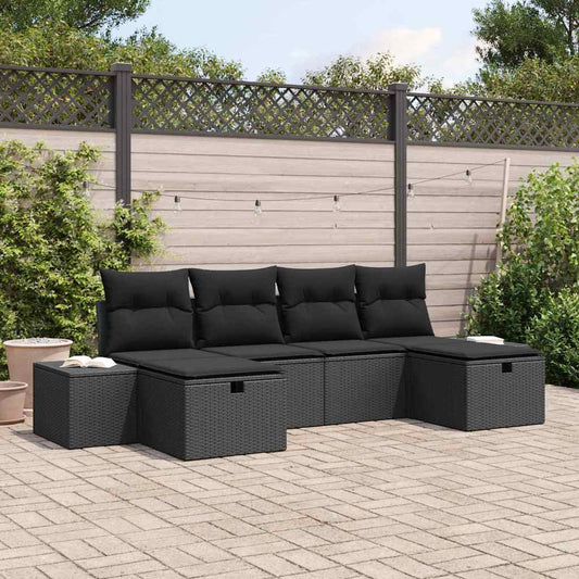 Set Divano da Giardino con cuscino 6 pcs Nero polyrattan