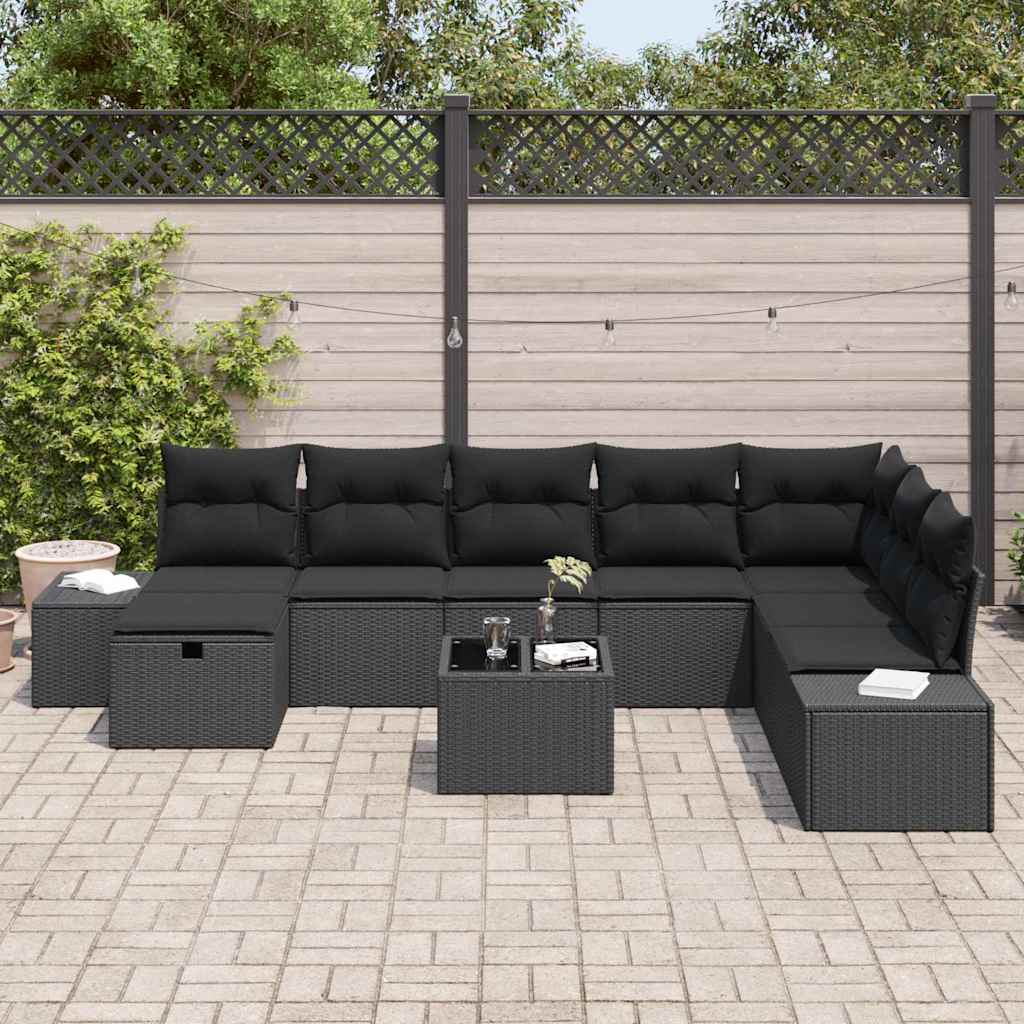 Set Divano da Giardino con cuscino 9 pcs Nero Poly Rattan | homemem39