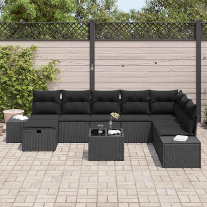 Set Divano da Giardino con cuscino 9 pcs Nero Poly Rattan | homemem39