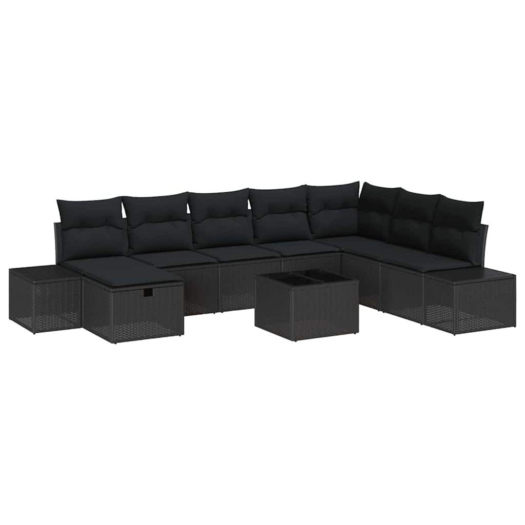 Set Divano da Giardino con cuscino 9 pcs Nero Poly Rattan | homemem39